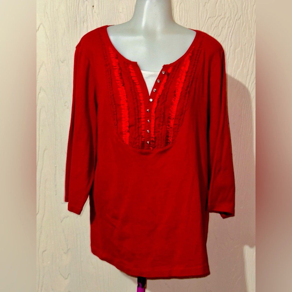 Karen Scott Red Women's Top Blouse Split Neckline Beads 3/4 Sleeve Size 1X
